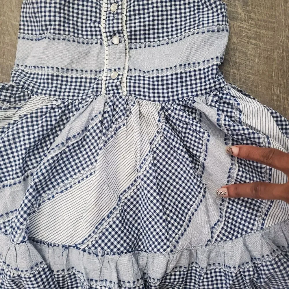 Genuine Kids OshKosh Girl Dress Size 4T Blue Gingham Patchwork Seersucker Cotton